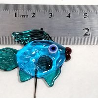 Aqua and Dark Seagreen Fin Fish glass miniature 5" high; small, tiny fish sculpture on wire  ~ tiny, small miniature glass sculpture