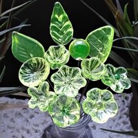 Uranium Glass Flower Bouquet Gift, Full Set/12 vasoline glass mini, tiny, small glass flowers on 5 inch wire; made by me; bright glow 395uv