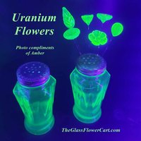 Uranium Glass Flower Bouquet Gift, Full Set/12 vasoline glass mini, tiny, small glass flowers on 5 inch wire; made by me; bright glow 395uv