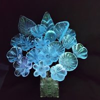 Full Set/12; SOFT BLUE GLOW uv reactive glass flowers; mini tiny small glass flowers on wire; individually crafted lampwork; soft blue glow