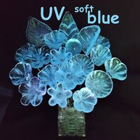 Full Set/12; SOFT BLUE GLOW uv reactive glass flowers; mini tiny small glass flowers on wire; individually crafted lampwork; soft blue glow
