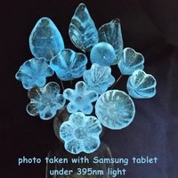SOFT BLUE GLOW uv reactive glass flowers; miniature tiny small glass flowers on wire; individually crafted lampwork; soft blue glows 395nm