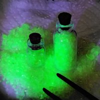 Uranium UV Glass Chips in Larger 1.75" Bottle Jar; Uranium, Green, Blue, Yellow, Amberina; curio, jewelry, mixed media, UV GLOW 365nm 395nm