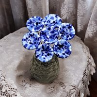 Blue and White Coral Disk Chinoiserie Currier Ives glass flower headpins, tiny small mini glass flowers on wire individual crafted lampwork