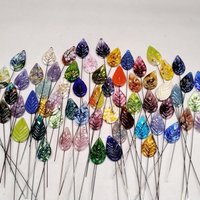 Glass Leaf Mutli-color Variety, Flat Shape on 5inch wire, headpin, 3/4-1" long; each unique; jewelry, bouquet, plants, wedding, mixed media
