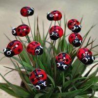 Glass ladybug floral plant pick on 5 inch stainless steel wire. Plant stake, plant pick, fairy garden, mini bug, gift; lampwork each unique