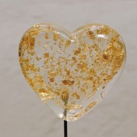 Gold Glitter Glass Heart; each one-of-a-kind! Approx 7/8 x 7/8 in on 5" wire. Glass heart headpin for floral bouquet, plants, jewelry, gifts