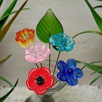 Lil' Somethin' Glass Flower Bouquet; 5 glass flowers + 1 leaf;tiny mini small glass flowers in a bouquet; gift, coworker, love, just because