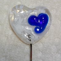 Glass Heart: White Swirls/Blue Heart on 5in wire. Use for floral bouquet, plants, jewelry, gifts; each unique Measures 3/4in x 3/4in