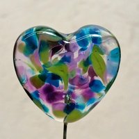 Glass Heart Plant Pick: Hydrangia Swirl heart on 5in wire. Use for floral bouquet, cake, plants, jewelry, gifts; each unique Measures 3/4in