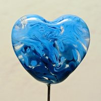 Glass Heart: Denim Blue Jean Quaker Slate on 5in wire. Use for floral bouquet, plants, jewelry, gifts; each unique Measures 3/4in x 3/4in