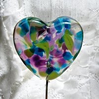 Glass Heart Plant Pick: Hydrangia Swirl heart on 5in wire. Use for floral bouquet, cake, plants, jewelry, gifts; each unique Measures 3/4in