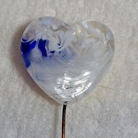 Glass Heart Plant Pick: White Swirl Heart on 5in wire. Use for floral bouquet, plants, jewelry, gifts; each handmade, Measures 3/4in x 3/4in