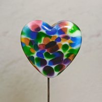 Glass Heart Plant Pick: TieDye Rainbow, Heart on 5in wire. Use for floral bouquet, plants, jewelry, wedding gifts each unique Measures 3/4in