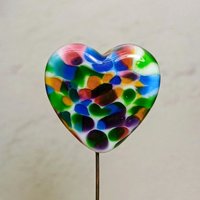 Glass Heart Plant Pick: TieDye Rainbow, Heart on 5in wire. Use for floral bouquet, plants, jewelry, wedding gifts each unique Measures 3/4in