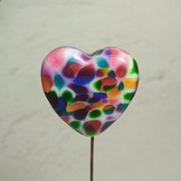 Glass Heart Plant Pick: TieDye Rainbow, Heart on 5in wire. Use for floral bouquet, plants, jewelry, wedding gifts each unique Measures 3/4in