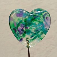 Glass Heart Plant Pick: Emerald Island, Heart on 5in wire. Use for floral bouquet, plants, jewelry, gifts; each unique Measures 3/4in