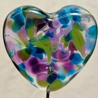 Glass Heart Plant Pick: Hydrangia Swirl heart on 5in wire. Use for floral bouquet, cake, plants, jewelry, gifts; each unique Measures 3/4in