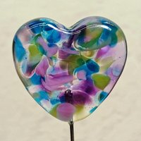 Glass Heart Plant Pick: Hydrangia Swirl heart on 5in wire. Use for floral bouquet, cake, plants, jewelry, gifts; each unique Measures 3/4in