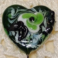 Glass Heart Plant Pick: Green/White with Swirled Flower, 3/4in x 3/4in on 5in wire. Floral bouquet, plants, jewelry, gifts; each unique