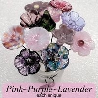 Pink Purple Lavender Bouquet ~glass flower/leaf , tiny small glass flowers handcrafted lampwork, gift, curio, windowsill, wedding