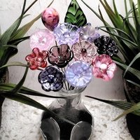 Pink Purple Lavender Bouquet ~glass flower/leaf , tiny small glass flowers handcrafted lampwork, gift, curio, windowsill, wedding