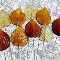 Amber Elegant Glass Leaves fall autumn, leaf on 5" wire, pendant, amber colors; handcrafted; jewelry, bouquet, plants, wedding, mixed media