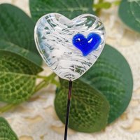 Glass Heart Plant Pick: White Swirl Heart on 5in wire. Use for floral bouquet, plants, jewelry, gifts; each handmade, Measures 3/4in x 3/4in