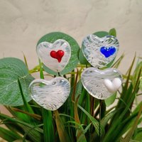 Glass Heart Plant Pick: White Swirl Heart on 5in wire. Use for floral bouquet, plants, jewelry, gifts; each handmade, Measures 3/4in x 3/4in