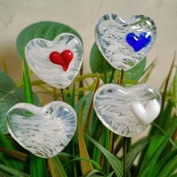 Glass Heart Plant Pick: White Swirl Heart on 5in wire. Use for floral bouquet, plants, jewelry, gifts; each handmade, Measures 3/4in x 3/4in