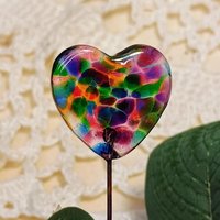 Glass Heart Prism Kaleidoscope Rainbow Heart on 5in wire. Use for floral bouquet, plants, jewelry, gifts; each unique Measures 3/4in x 3/4in