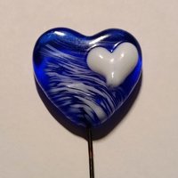 Glass Heart Plant Pick: Blue White Swirl Heart on 5in wire. Use for floral bouquet, plants, jewelry, gifts; each handmade, Measures 3/4in