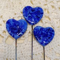 Glass Heart Plant Pick: Blue/Blue Swirl, Heart on 5in wire. Use for floral bouquet, plants, jewelry, gifts; each unique handmade, 3/4in