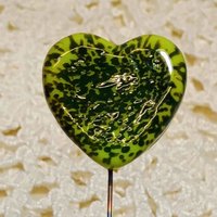 Glass Heart Plant Pick: Green Frog Skin Heart on 5in wire. Use for floral bouquet, plants, jewelry, gifts; each unique Measures 3/4in