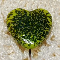 Glass Heart Plant Pick: Green Frog Skin Heart on 5in wire. Use for floral bouquet, plants, jewelry, gifts; each unique Measures 3/4in