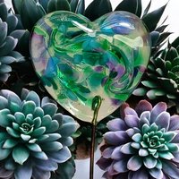 Glass Heart Plant Pick: Emerald Island, Heart on 5in wire. Use for floral bouquet, plants, jewelry, gifts; each unique Measures 3/4in