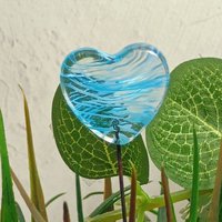 Glass Heart Turquoise Plant Pick on 5in wire. Use for floral bouquet, plants, jewelry, wedding cake or table decor, gifts; each unique 3/4in
