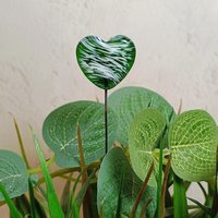 Glass Heart Plant Pick, Green White Swirl on 5in wire. Use for floral bouquet, wedding, cake decor, plants, jewelry, gifts; handmade 3/4in