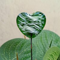 Glass Heart Plant Pick, Green White Swirl on 5in wire. Use for floral bouquet, wedding, cake decor, plants, jewelry, gifts; handmade 3/4in