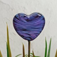 Glass Heart Plant Pick, Dark Purple Lavender Swirl on 5in wire. Use for floral bouquet, wedding, cake decor, plants, jewelry, gifts; 3/4in