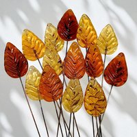 Amber Glass Leaves variety of ambers, fall autumn leaf on 5" wire; each unique; pendant, jewelry, bouquet, plants, wedding, mixed media
