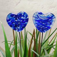 Glass Heart Plant Pick, Dark Blue Mix on clear 5in wire. Use for floral bouquet, wedding, cake decor, plants, jewelry, gifts; handmade 3/4in