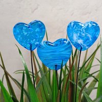 Glass Heart Plant Pick: Aqua and White, Heart on 5in wire. Use for floral bouquet, plants, jewelry, gifts; each unique handmade, 3/4in
