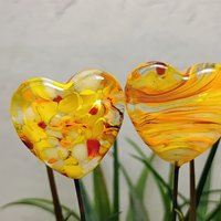 Glass Heart Yellow SunSprinkles Plant Pick on 5in wire. Floral bouquet, plants, jewelry, wedding cake, table decor, gifts; each unique 3/4in