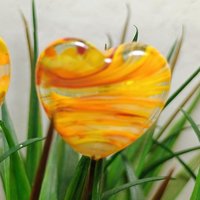Glass Heart Yellow SunSprinkles Plant Pick on 5in wire. Floral bouquet, plants, jewelry, wedding cake, table decor, gifts; each unique 3/4in