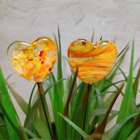 Glass Heart Yellow SunSprinkles Plant Pick on 5in wire. Floral bouquet, plants, jewelry, wedding cake, table decor, gifts; each unique 3/4in
