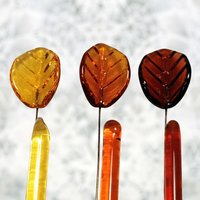 Amber Bent Glass Leaves fall autumn, leaf on 5" wire, variety of ambers; lampwork; pendant, jewelry, bouquet, plants, wedding, mixed media