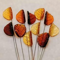 Amber Bent Glass Leaves fall autumn, leaf on 5" wire, variety of ambers; lampwork; pendant, jewelry, bouquet, plants, wedding, mixed media