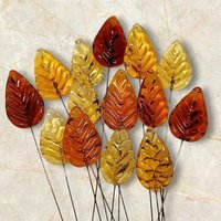 Amber Glass Leaves variety of ambers, fall autumn leaf on 5" wire; each unique; pendant, jewelry, bouquet, plants, wedding, mixed media