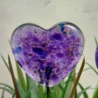 Glass Heart Plant Pick, Purple Mix on clear, 5in wire. Use for floral bouquet, wedding, cake decor, plants, jewelry, gifts; handmade 3/4in